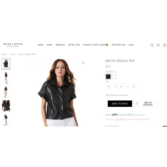 alice + olivia EDYTH VEGAN TOP Black Size S Button Up Shirt Jacket Short Sleeve - Picture 2 of 11